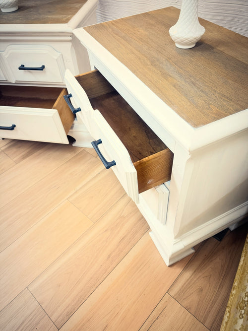 Pair of White 3-Drawer Dressers with Natural Wood Tops
