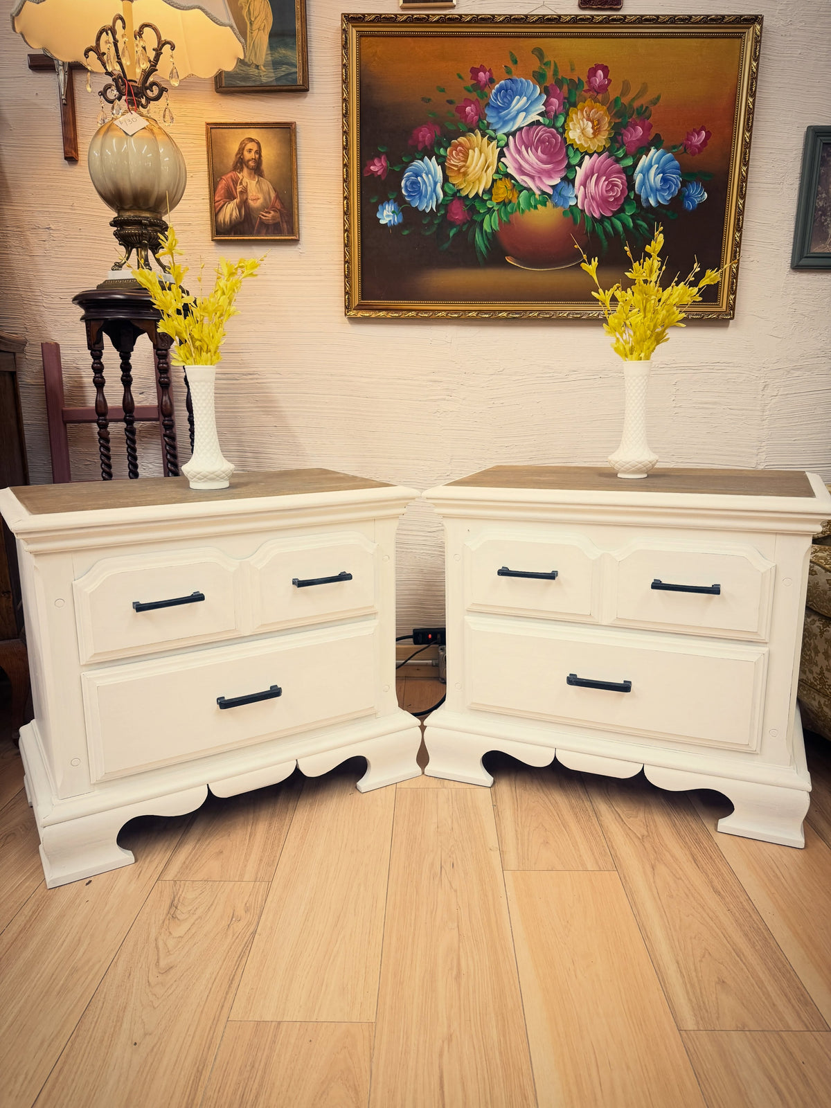 Pair of White 3-Drawer Dressers with Natural Wood Tops