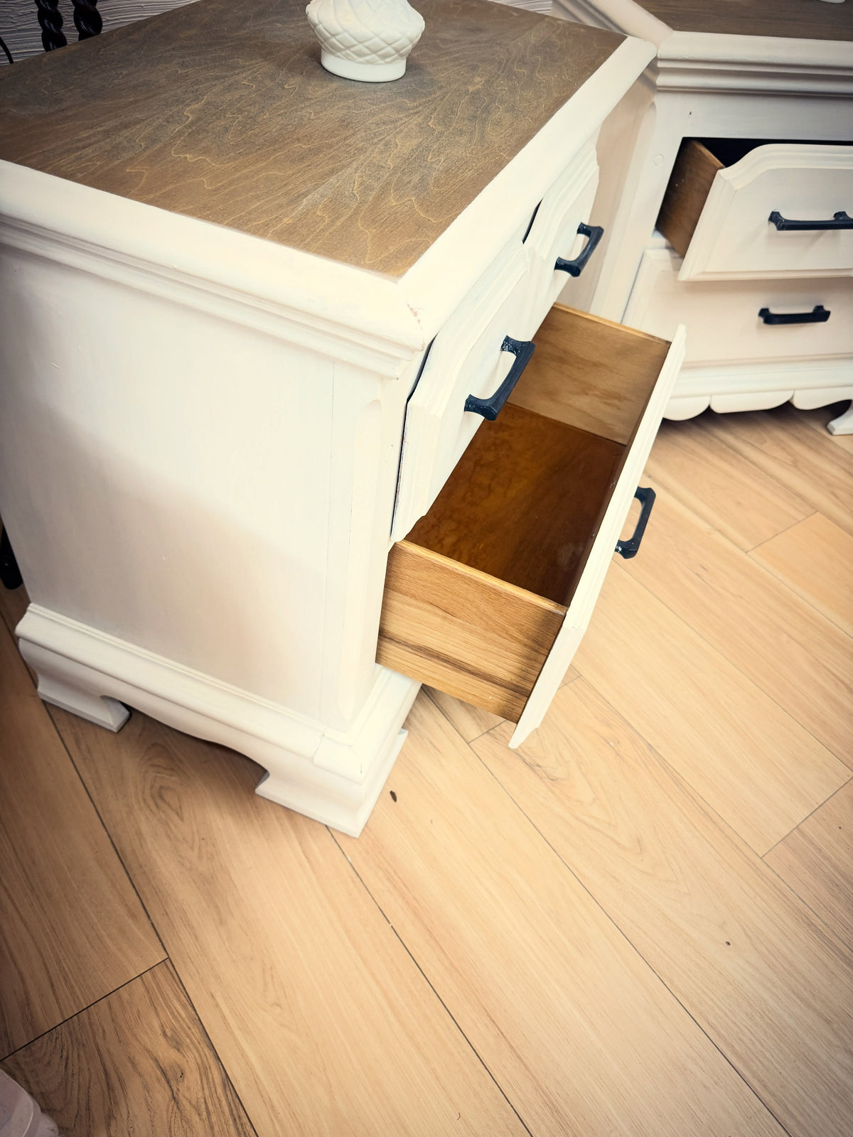 Pair of White 3-Drawer Dressers with Natural Wood Tops