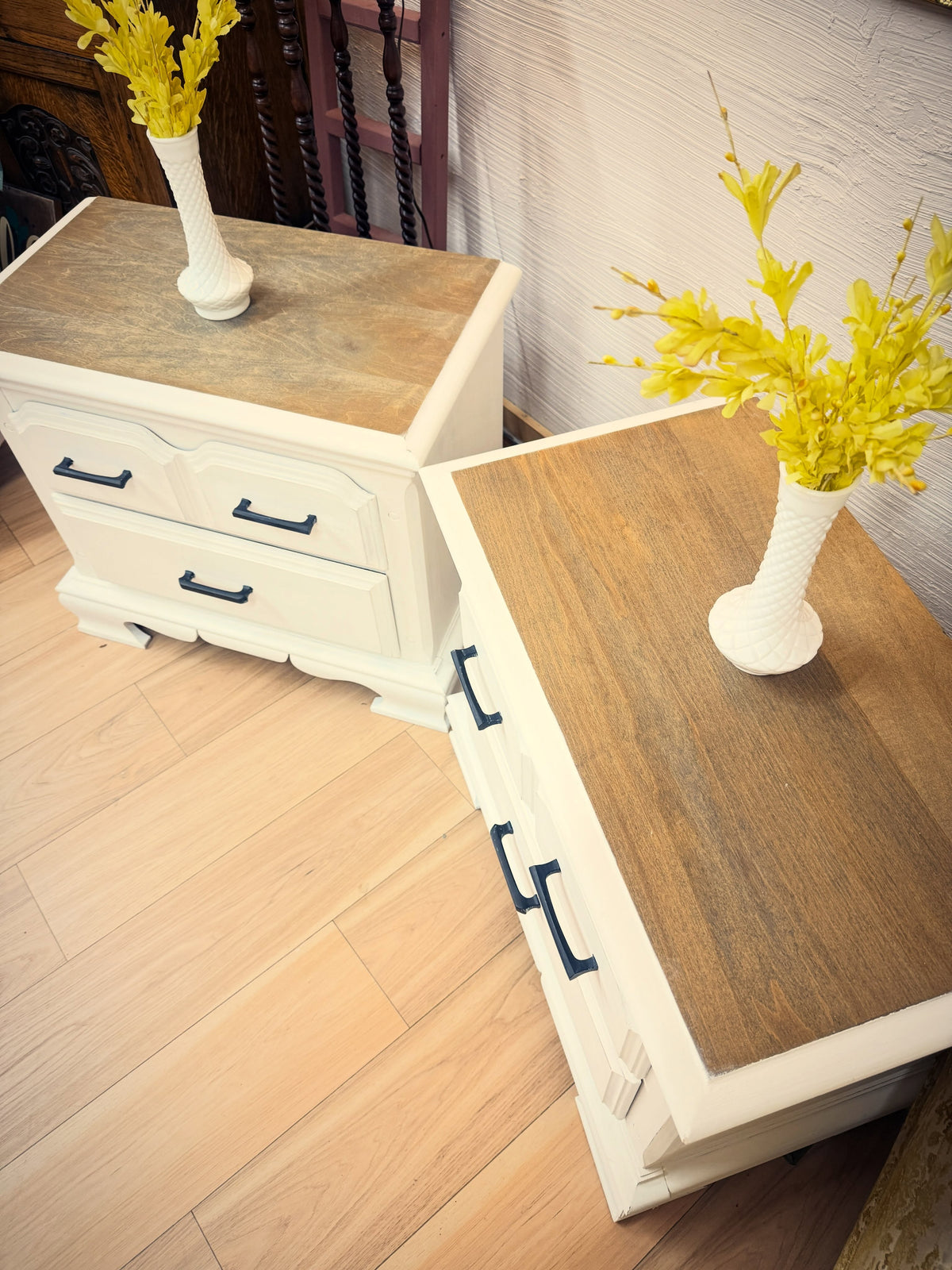 Pair of White 3-Drawer Dressers with Natural Wood Tops