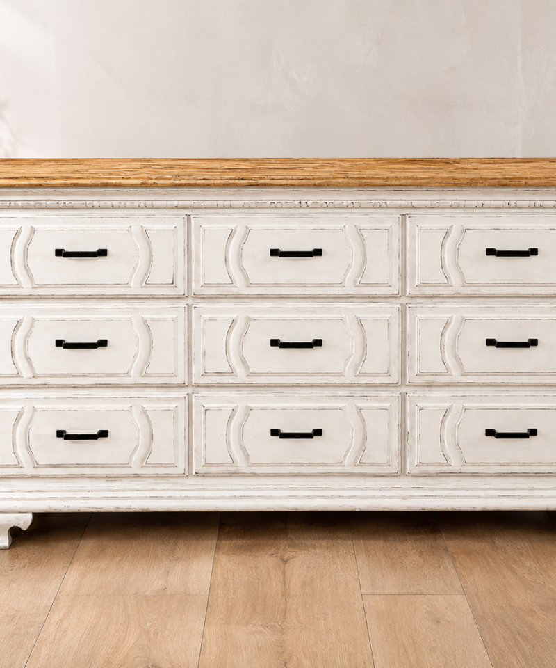 Vintage Distressed White Farmhouse Dresser with Natural Wood Top – 9 Drawer Storage Chest